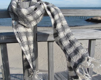 Soft Stone Gray and White Hand Woven Alpaca Scarf, Artisan Handmade Unisex Men's or Women's Urban Modern Rustic Accessory for Fall or Winter