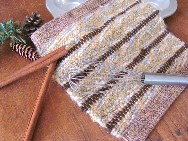 Handmade Artisan Hand Woven Wool Pot Holder, Gourmet Eco Friendly Cookware in Beige & Chocolate Brown, Kitchen, Foodie, Baking, Cooking Gift image 8