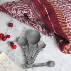 Gourmet Baking Gift, Handmade Artisan Woven Cranberry Red Kitchen Dish Towel in Herringbone Stripe Cotton for Chef, Foodie, Cook, Baker image 4