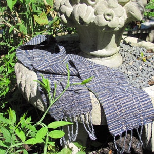 Indigo Serenity Scarf for Yoga, Zen Meditation or Prayer, Artisan Handmade Hand Woven in Lace Stripe Navy Blue, Olive & Khaki Cotton image 5