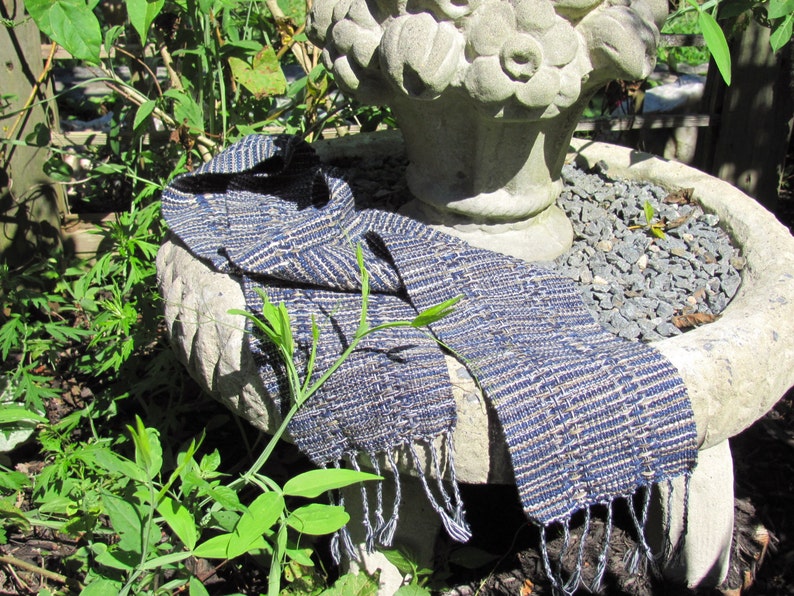 Indigo Serenity Scarf for Yoga, Zen Meditation or Prayer, Artisan Handmade Hand Woven in Lace Stripe Navy Blue, Olive & Khaki Cotton image 5