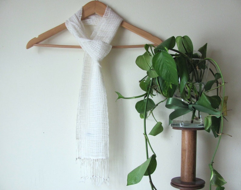 Etsy Pick Zen Serenity Artisan Handmade Hand Woven Cream White Lightweight Lace Linen Cotton Scarf for Spiritual Meditation and Prayer image 7