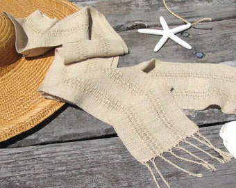 Etsy Pick! Light Sandy Beige Cotton Scarf, Artisan Handmade Woven Long Narrow Tan Lace Stripe Cloth for Yoga, Om, Zen Serenity Meditation