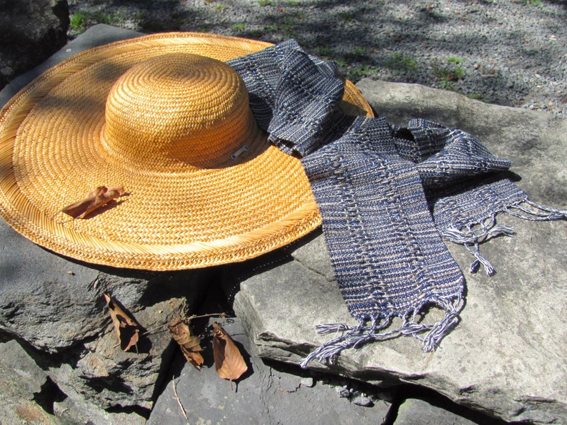 Indigo Serenity Scarf for Yoga, Zen Meditation or Prayer, Artisan Handmade Hand Woven in Lace Stripe Navy Blue, Olive & Khaki Cotton image 7