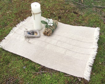 Small Altar Cloth Mat, Spiritual Zen Meditation Wiccan Pagan Shaman Feng Shui Artisan Hand Woven Cream White Gray Linen Hemp Table Mat