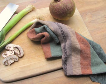 Autumn Gourmet Chef, Cooking, Foodie Gift, Handmade Artisan Hand Woven Cotton Kitchen Dish Towel in Harvest Green, Gold & Pumpkin Orange