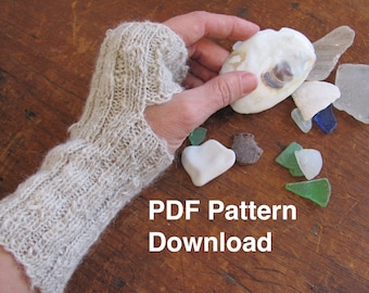Knitted Fingerless Gloves Pattern, Easy Knit Handwarmers, Rustic Ribbed Winter Wrist Warmer Mitts PDF Download Printable Handmade Tutorial