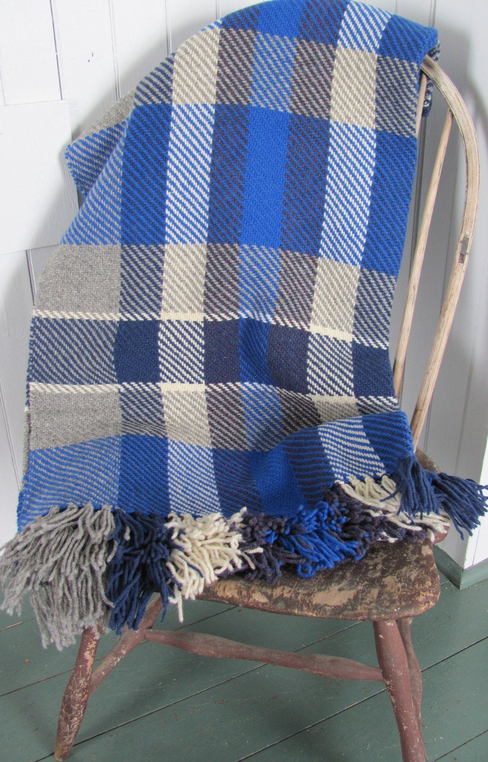 Plaid Wool Blanket, Tartan Hand Woven Sofa Throw Blanket, Ocean Blue