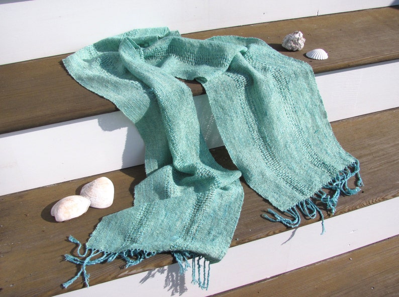 Spiritual Serenity Artisan Handmade Woven Sea Glass Green Blue Scarf, Water Element Feng Shui Zen Meditation Yoga Clothing for Men or Women image 3