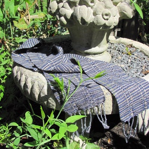 Indigo Serenity Scarf for Yoga, Zen Meditation or Prayer, Artisan Handmade Hand Woven in Lace Stripe Navy Blue, Olive & Khaki Cotton image 8