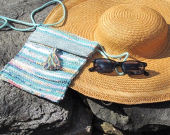 Small Fabric Crossbody Purse Phone Pouch, Artisan Handmade Woven Vegan Eco Recycled Upcycled Cloth Handbag, Boho Turquoise Blue Shoulder Bag