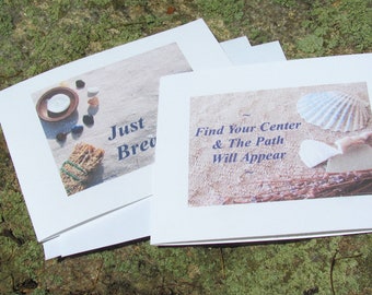 Tarjetas de felicitación con impresiones artísticas de yoga Zen Serenity, descarga digital en PDF para meditación, atención plena y motivación.