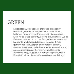 May include: Green text on a white background with the word "GREEN" in a large font at the top. The text describes the color green and its associations with success, progress, prosperity, renewal, growth, health, wisdom, inner vision, balance, harmony, wellness, creativity, courage, luck, hope, trust, security, a Feng Shui Natural Wood Element connected to the East, often represented by plants and striped designs, number 3, 4, 6, gemstones jade, jasper, chrysoprase, peridot, aventurine green, malachite, calcite, emeralds, and astrological signs of Gemini, Virgo, Cancer & Aquarius, May, August, Archangel Raphael, Heart Fourth Chakra, planets Venus & Mercury, Friday.
