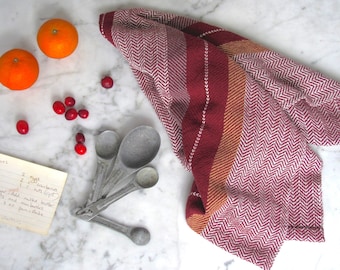 Gourmet Baking Gift, Handmade Artisan Loom Woven Cranberry Red Kitchen Dish Towel in Herringbone Stripe Cotton for Chef, Foodie, Cook, Baker