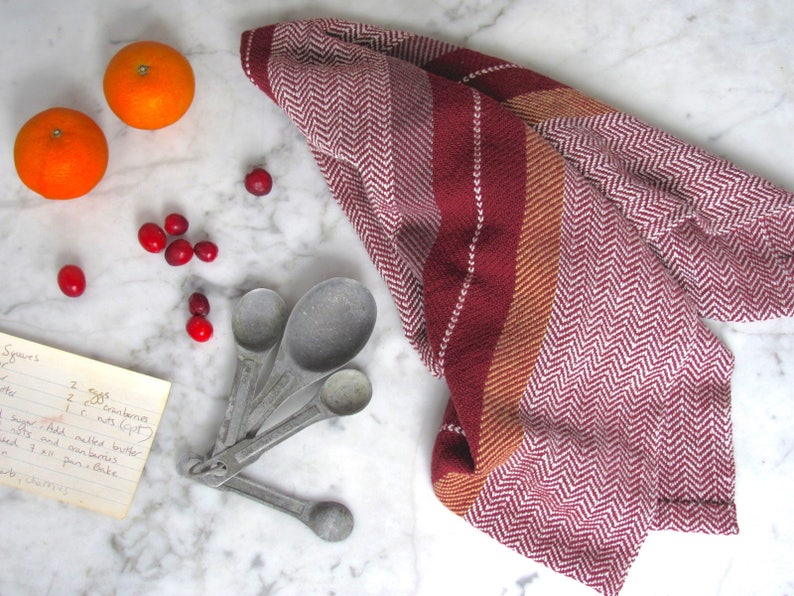 Gourmet Baking Gift, Handmade Artisan Woven Cranberry Red Kitchen Dish Towel in Herringbone Stripe Cotton for Chef, Foodie, Cook, Baker image 1