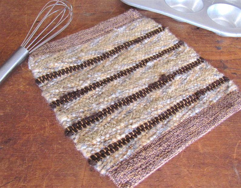 Handmade Artisan Hand Woven Wool Pot Holder, Gourmet Eco Friendly Cookware in Beige & Chocolate Brown, Kitchen, Foodie, Baking, Cooking Gift image 6