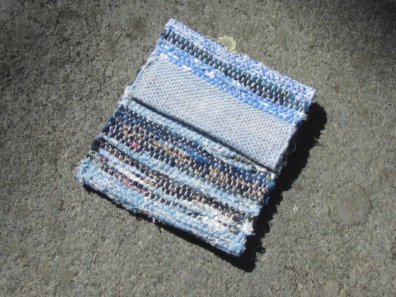 Boho Wallet Small Coin Purse, Blue Eco Recycled Handmade Vegan Keepsake Amulet Crystal Pouch, Upcycled Woven Cloth Jewelry Money Key ID Bag image 7