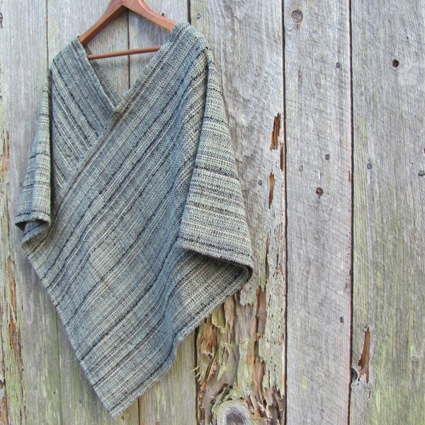 Zen Boho Poncho Cape Cloak, Handmade Artisan Hand Woven in Rustic Southwest Desert Sage Green & Black, Minimal Urban Yoga Clothing Top