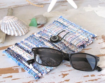 Soft Fabric Eyeglass Case Glasses Purse, Boho Phone Sleeve Wallet, Small Clutch Hand Bag, Blue Eco Upcycled Recycled Woven Cloth Handbag