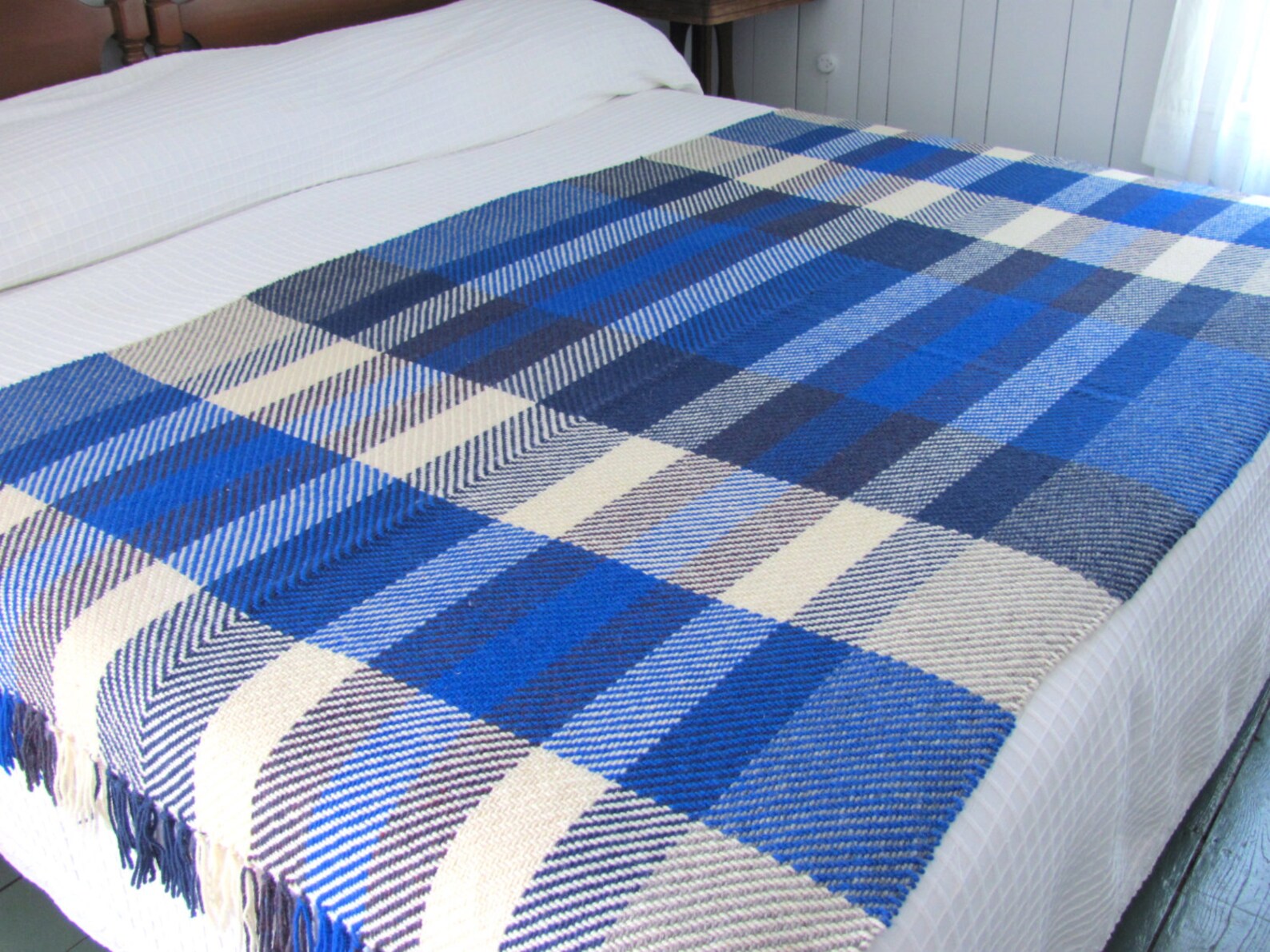 Wool Throw Blanket Ocean Blue Plaid Artisan Hand Woven Bed Etsy