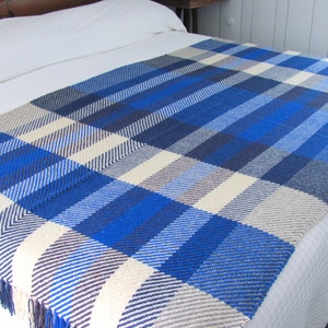 Ocean Blue Plaid Wool Bed or Couch Throw Blanket, Artisan Hand Woven for Hygge Rustic Cabin or Modern Seaside Nautical Coastal Beach House image 7