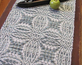 Sage Green & White Table Runner, Artisan Handmade Hand Woven for Rustic Modern Farmhouse, Primitive Christmas, Hygge Country Home Decor