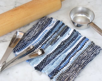 Kitchen Pot Holder, Hot Mat, Artisan Handmade Woven Eco Upcycled Recycled Cotton Cloth Ocean Blue Oven Hot Pad, Home Cooking or Baking Gift