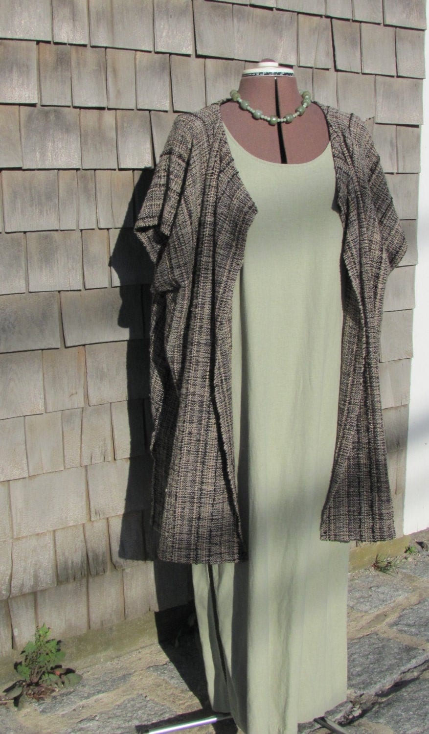 Artist Smock, Hand Woven Vest, Boho Tunic, Sleeveless Duster Jacket, Peasant Coat, Desert Sage Woodland Green Black Unisex Yoga Clothing