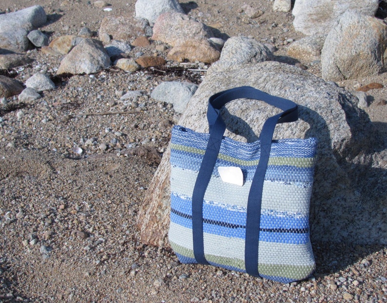Etsy Pick Fabric Hand Bag, Small Cloth Purse, Handmade Woven Eco Upcycled Recycled Tote Bag in Beachy Coastal Nautical Sea Glass Blue Green image 7