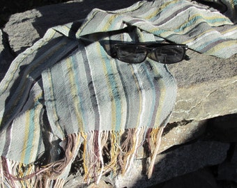 Zen Serenity Lightweight Handmade Artisan Woven Scarf in Earthy Green Stripes, a Meditation, Spiritual Prayer Feng Shui Natural Living Gift