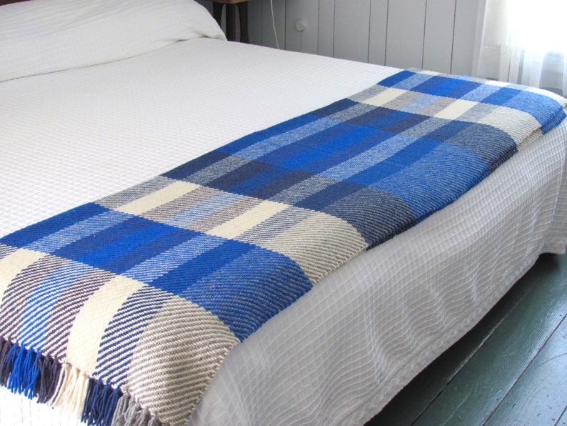 Ocean Blue Plaid Wool Bed or Couch Throw Blanket, Artisan Hand Woven for Hygge Rustic Cabin or Modern Seaside Nautical Coastal Beach House image 5