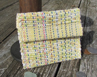 Etsy's Pick! Boho Upcycled Cloth Bag, Key Pouch, Eco ID Wallet, Vegan Money Coin Purse, Handmade Woven Recycled Fabric Rag Yellow Handbag