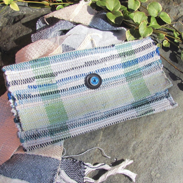 Eco Upcycled Cloth Clutch Purse Wallet, Handmade Artisan Woven Recycled Fabric Hand Bag, Earthy Blue Vegan Boho Casual Accessory Wristlet