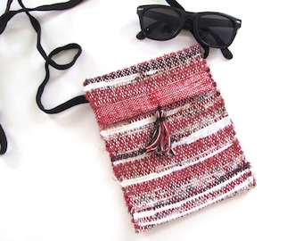Red Black Small Hand Woven Fabric Crossbody Phone Purse Wallet Shoulder Handbag, Artisan Handmade Eco Zero Waste Recycled Upcycled Cloth Bag