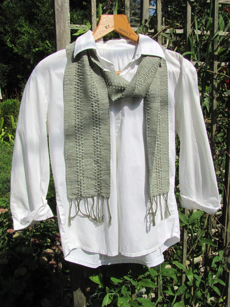 Spiritual Serenity Scarf, Artisan Handmade Woven in Desert Sage, Cactus, Lichen Green Cotton Lace Stripe, for Om, Zen, Meditation and Growth image 4