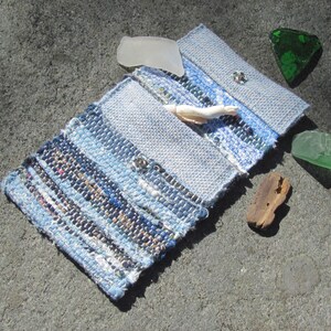 Boho Wallet Small Coin Purse, Blue Eco Recycled Handmade Vegan Keepsake Amulet Crystal Pouch, Upcycled Woven Cloth Jewelry Money Key ID Bag image 5