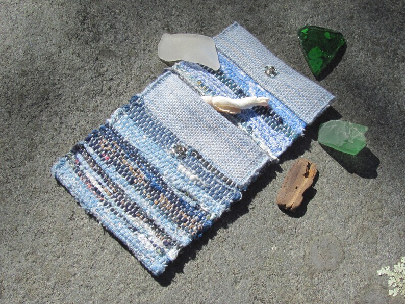 Boho Wallet Small Coin Purse, Blue Eco Recycled Handmade Vegan Keepsake Amulet Crystal Pouch, Upcycled Woven Cloth Jewelry Money Key ID Bag image 5