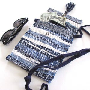 Eco Small Recycled Fabric Crossbody Wallet Phone Purse, Handmade Woven Indigo Blue Upcycled Cloth Pouch, Vegan Cross Body Shoulder Bag image 7