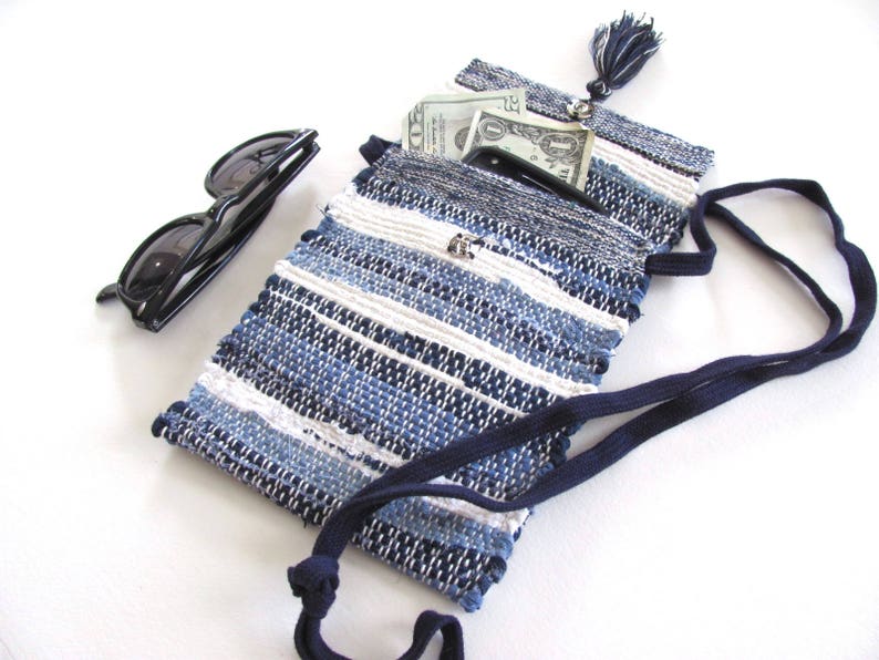 Eco Small Recycled Fabric Crossbody Wallet Phone Purse, Handmade Woven Indigo Blue Upcycled Cloth Pouch, Vegan Cross Body Shoulder Bag image 7