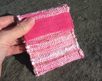 Boho Small Coin Purse, Pink Handmade Upcycled Cloth Wallet Eco Friendly Sustainable Zero Waste Recycled Woven Fabric Travel Jewelry ID Pouch