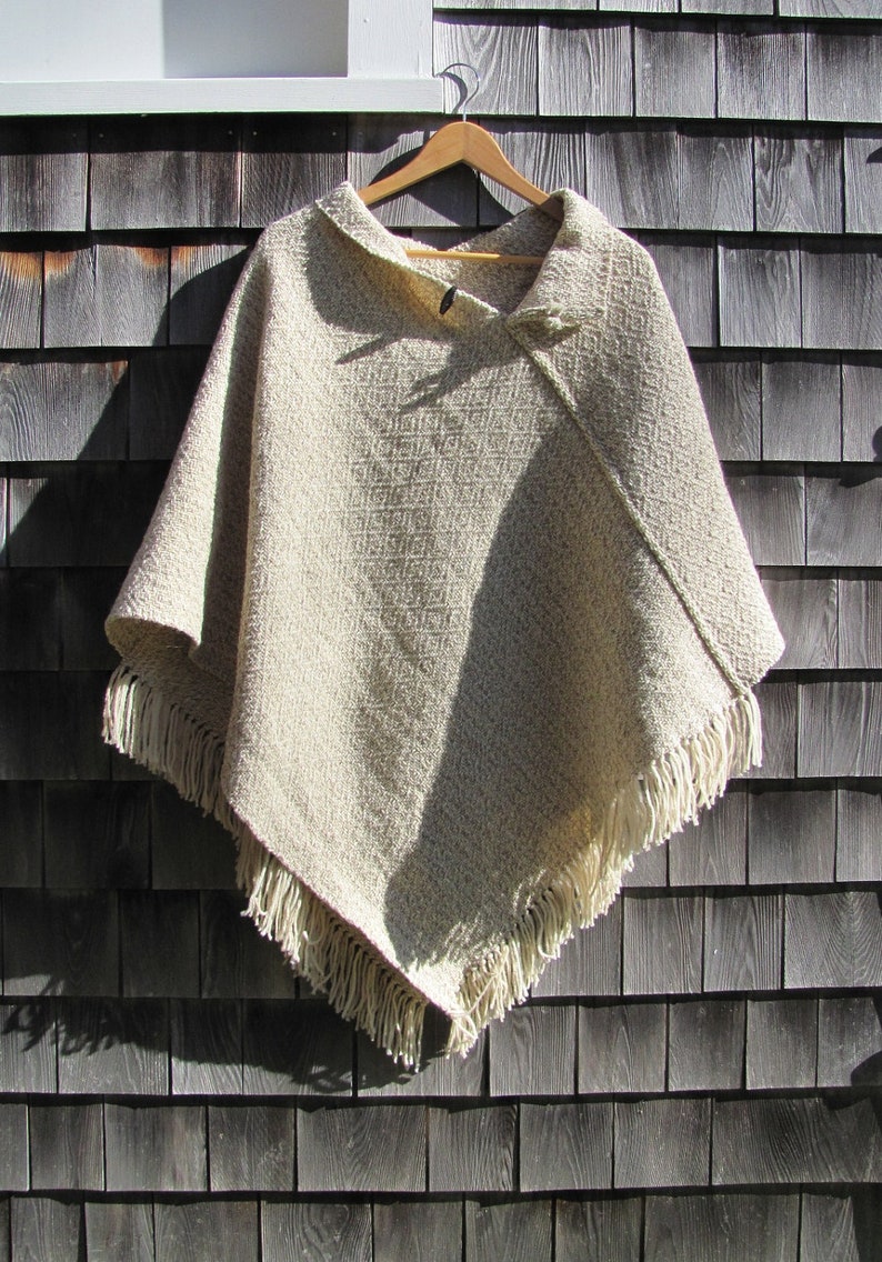 Etsy's Pick Wool Poncho, Handmade Artisan Hand Woven Beige White Blanket Coat, Hygge Woodland Cabin Cloak Mens Womens Rustic Clothing image 4