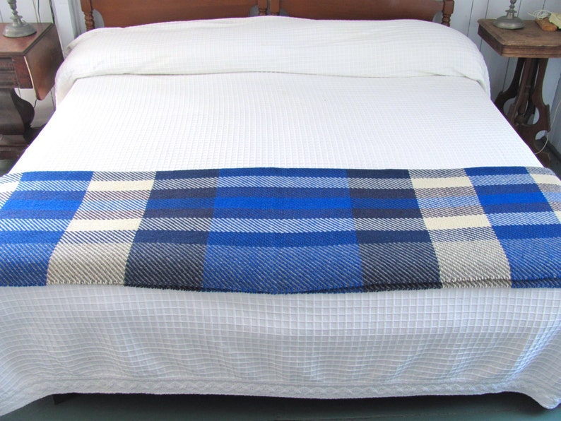 Ocean Blue Plaid Wool Bed or Couch Throw Blanket, Artisan Hand Woven for Hygge Rustic Cabin or Modern Seaside Nautical Coastal Beach House image 6