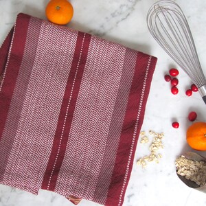 Gourmet Baking Gift, Handmade Artisan Woven Cranberry Red Kitchen Dish Towel in Herringbone Stripe Cotton for Chef, Foodie, Cook, Baker image 2