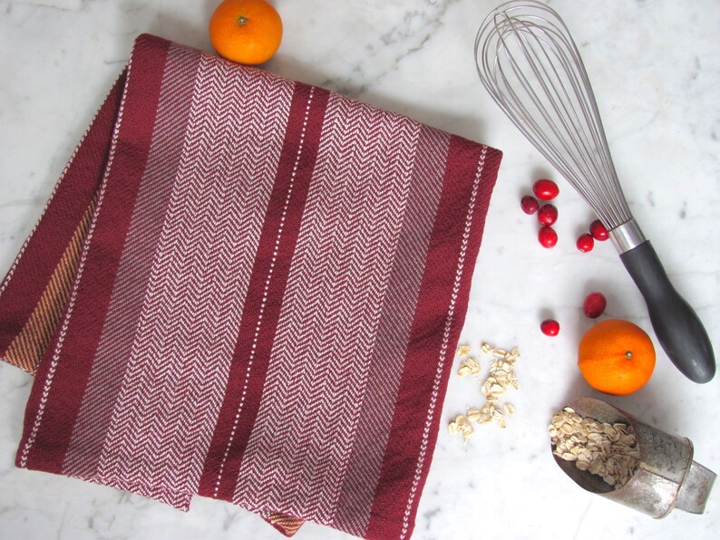 Gourmet Baking Gift, Handmade Artisan Woven Cranberry Red Kitchen Dish Towel in Herringbone Stripe Cotton for Chef, Foodie, Cook, Baker image 2