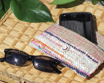 Boho Wallet Phone Case, Upcycled Fabric Jewelry Travel Case, Soft Recycled Cloth Eyeglass Case, Zero Waste Eco Artisan Woven Small Purse