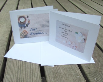 Tarjetas de felicitación con impresiones artísticas de yoga Zen Serenity, descarga digital en PDF imprimible para meditación y atención plena espiritual. Citas motivacionales.