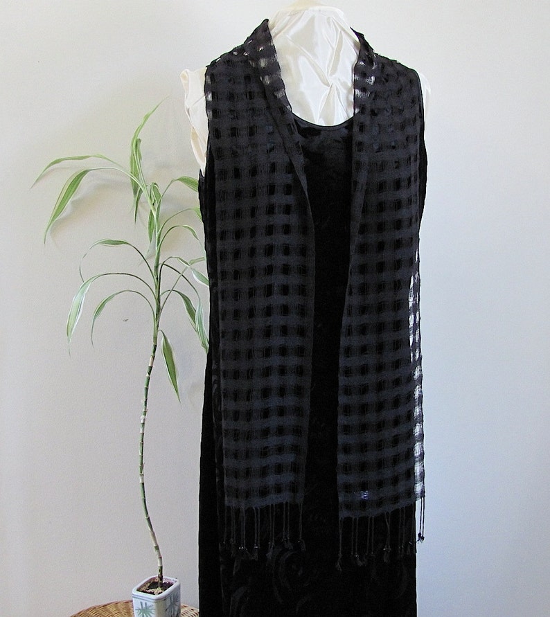 Etsy's Pick Jet Black Cotton Scarf, Artisan Handmade Hand Woven Lightweight Lattice Lace Weave, Unisex for Men or Women image 6