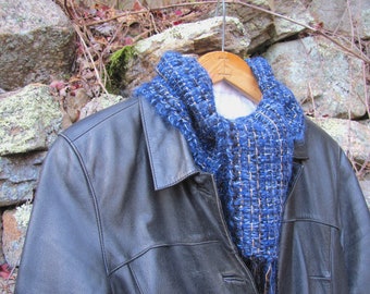 Luxurious Lapis Indigo Navy Blue Black Scarf with Gold Accents, Artisan Handmade Hand Woven Unisex Statement Accessory for Winter or Spring