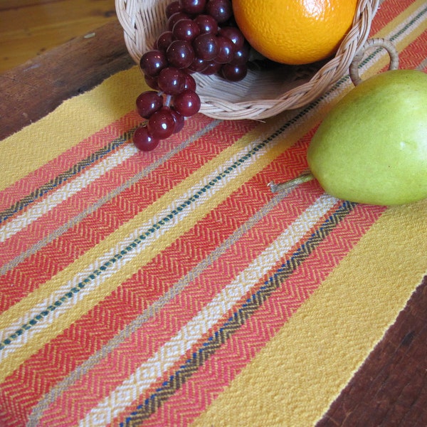 Fiesta Table Runner, Centerpiece Mat, Altar Cloth, Southwest Desert Mexican Decor Artisan Hand Woven Yellow Fire Red Coral Stripe Cotton