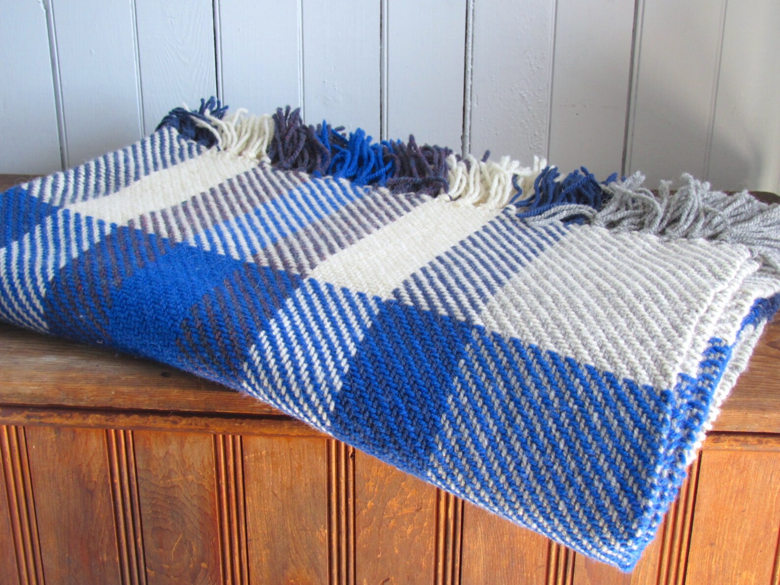 Wool Throw Blanket Ocean Blue Plaid Artisan Hand Woven Bed Etsy